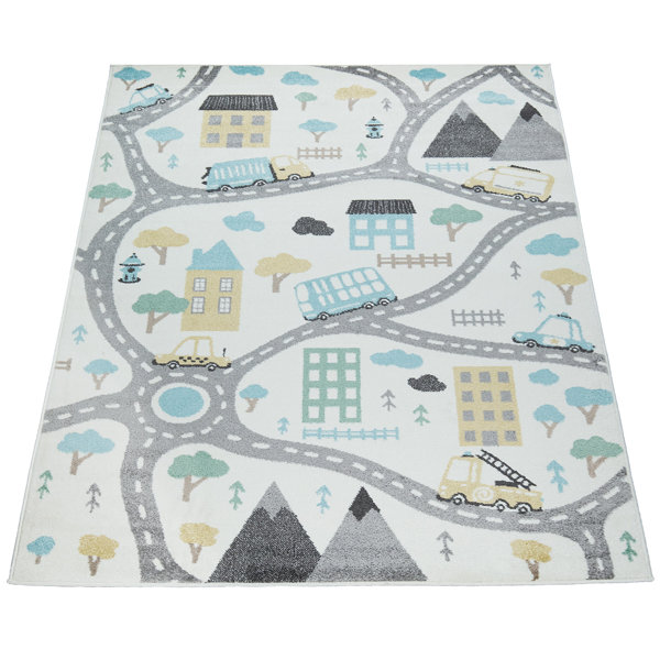 Paco Home Nursery Rug With Streets Cars And Trees Motif In Pastel